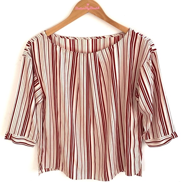 Ofuon Basic Cream & Burgundy Striped 3/4 sleeve Blouse, size M - Picture 1 of 6